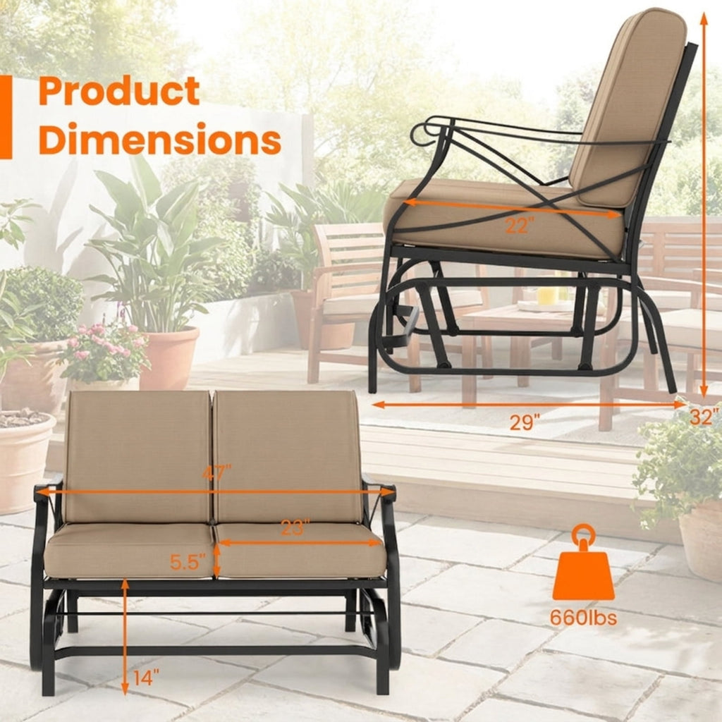 Biotree Outdoor 2-Person Glider Rocking Chair Loveseat with Thick Cushions and Metal Frame Stackable Patio Chair for Garden BackyardBrown