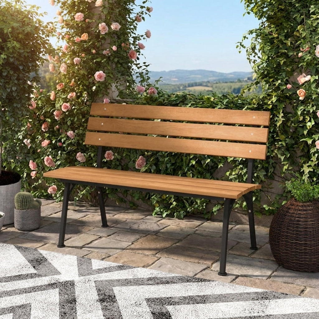Biotree 47 Inch Outdoor Acacia Wood Bench with Metal Frame and Slatted Seat Stackable Patio Chair for Garden BackyardNatural + Black