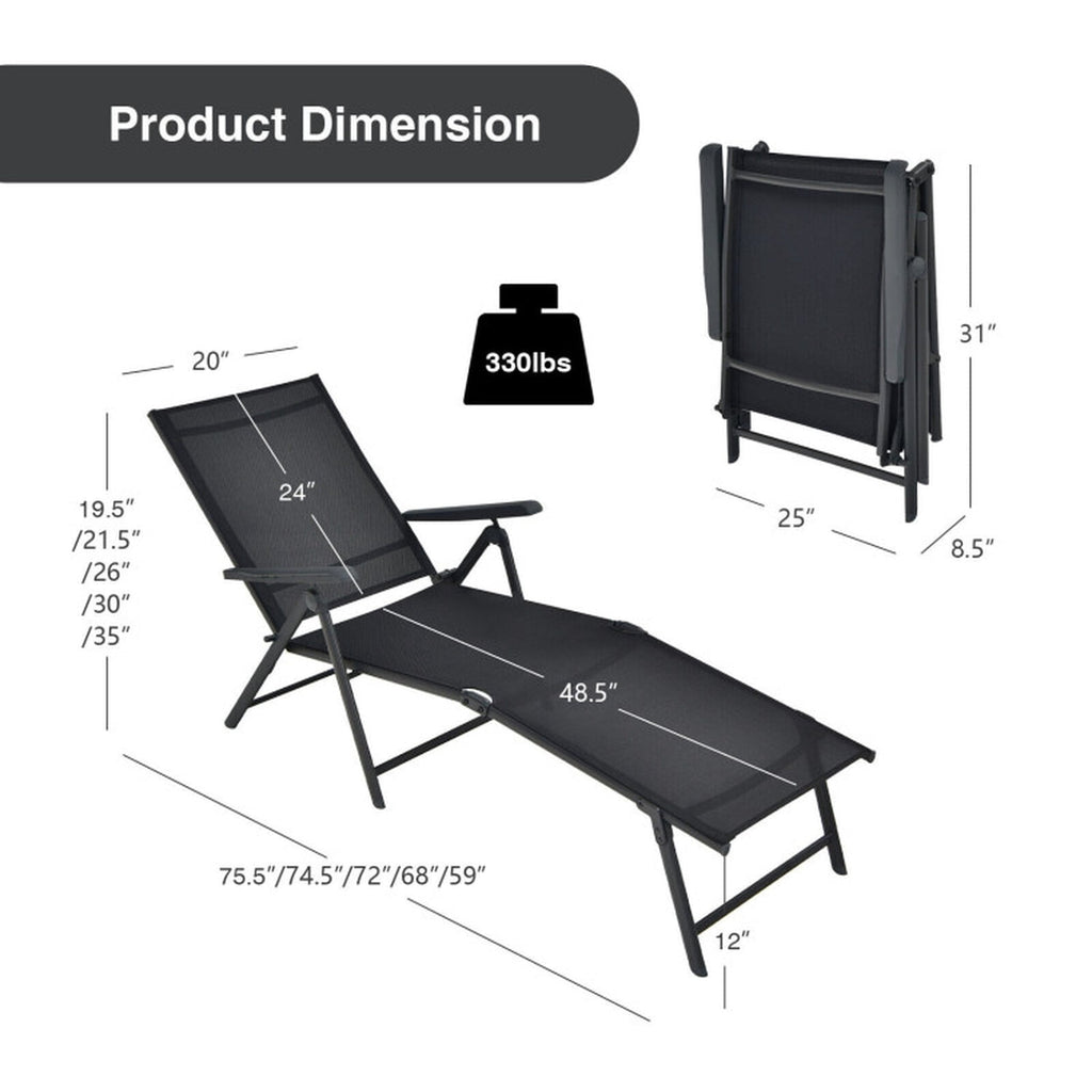 Biotree 2 Pieces Foldable Chaise Lounge Chair with 2-Position Footrest Stackable Patio Chair for Garden BackyardBlack