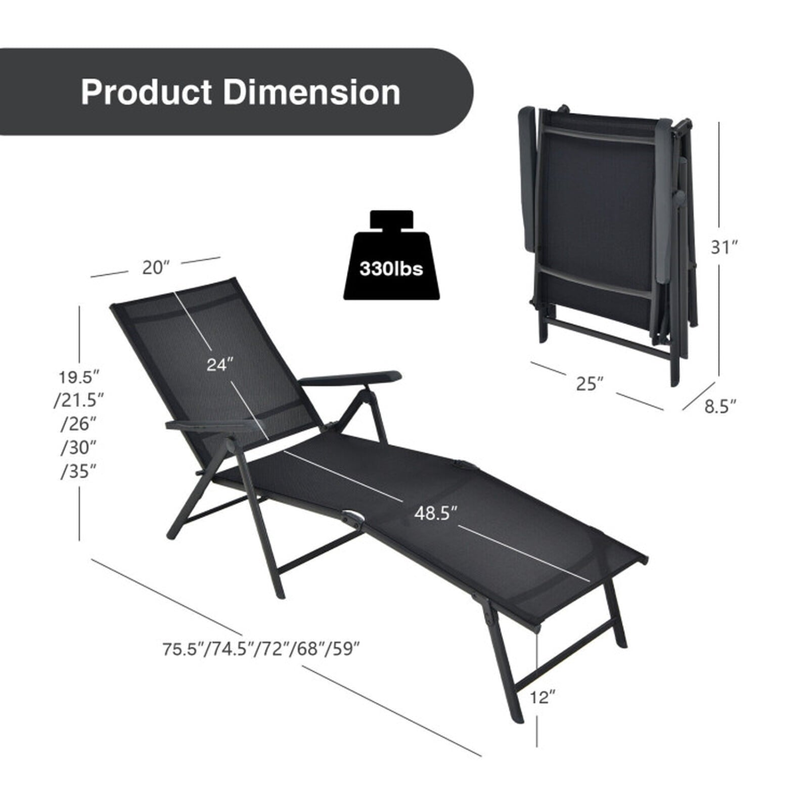 Biotree 2 Pieces Foldable Chaise Lounge Chair with 2-Position Footrest Stackable Patio Chair for Garden BackyardBlack