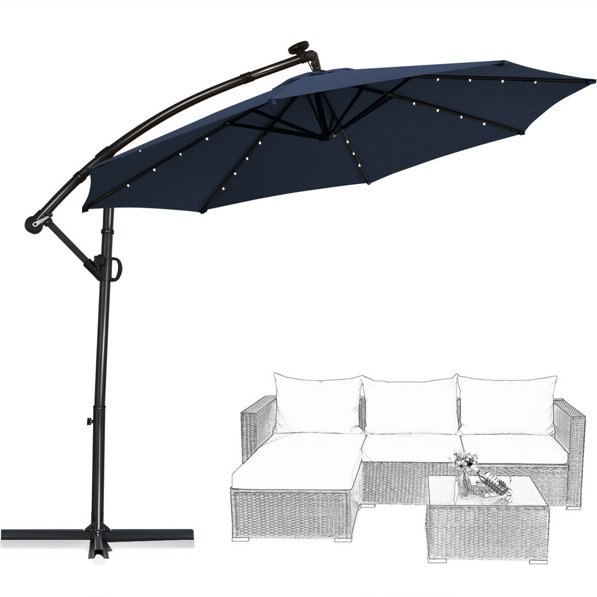 Biotree 10 ft 360¡ã Rotation Solar Powered LED Patio Offset Umbrella without Weight Base-Navy Outdoor