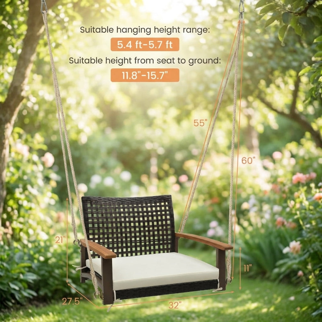 Biotree Single Rattan Porch Swing with Armrests Cushion and Hanging Ropes for Patio Porch Garden Backyard Outdoor, White