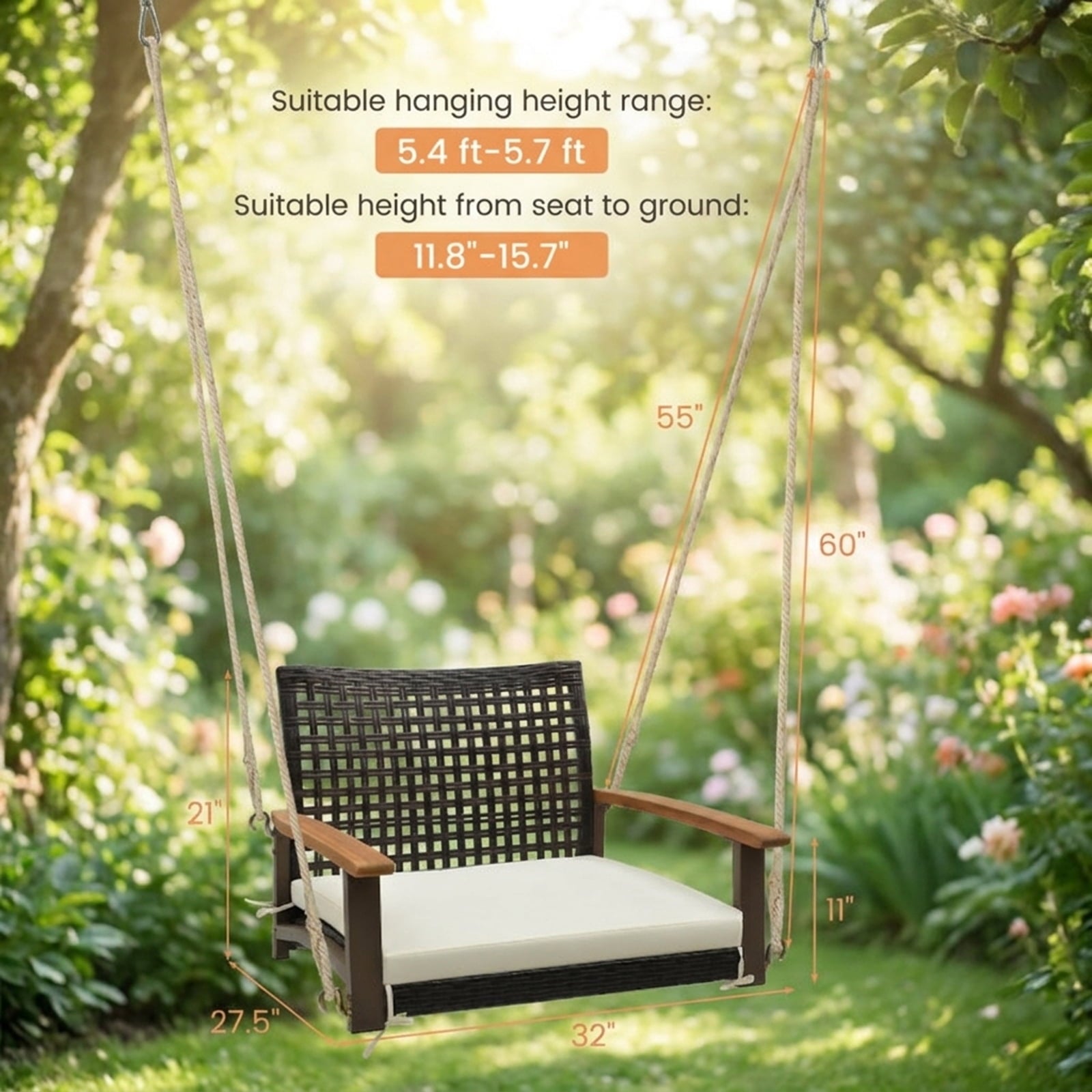 Biotree Single Rattan Porch Swing with Armrests Cushion and Hanging Ropes for Patio Porch Garden Backyard Outdoor, White
