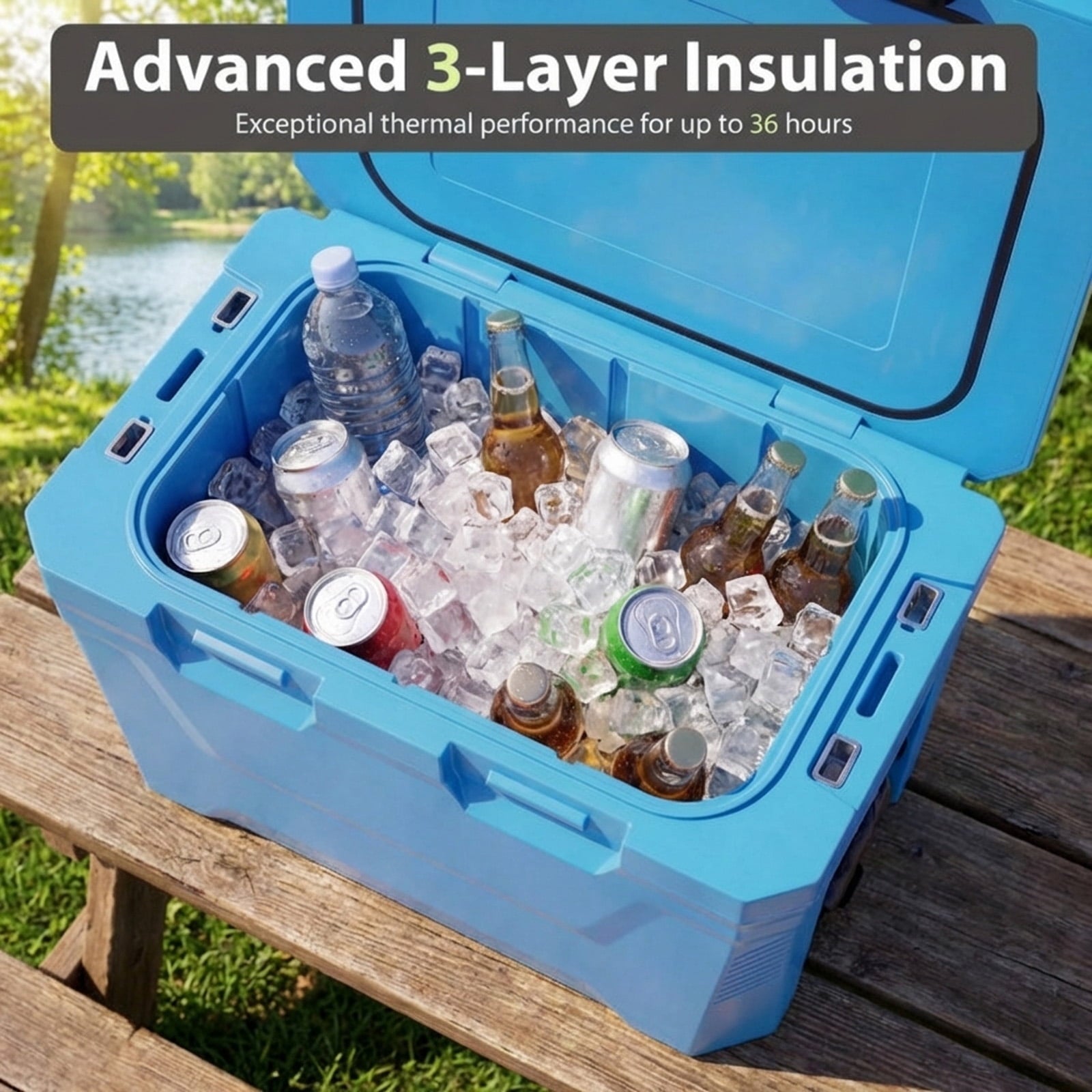 Biotree Insulated Portable Cooler Hard Shell Ice Chest with 2 Cup Holders Bottle Opener and Drain Plug, 37 Qt, Blue