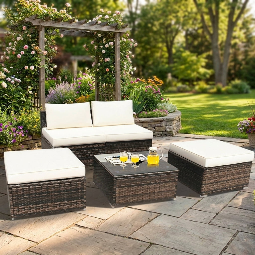 Biotree 5 Pieces Patio Rattan Furniture Set with Cushioned Armless Sofa Outdoor Conversation Set for Garden Backyard PorchWhite