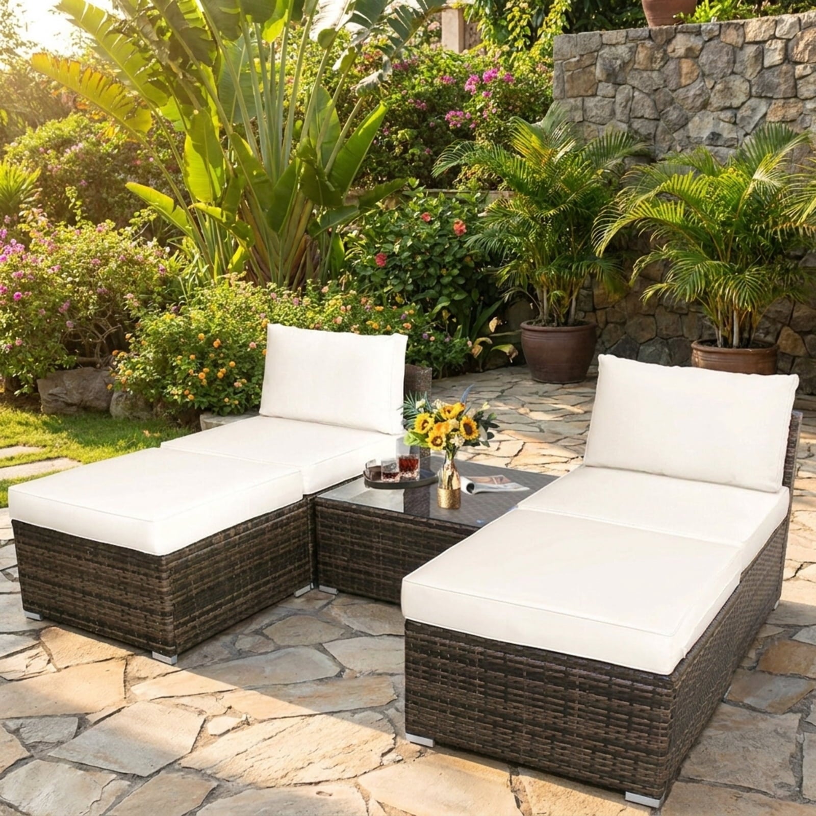Biotree 5 Pieces Patio Rattan Furniture Set with Cushioned Armless Sofa Outdoor Conversation Set for Garden Backyard PorchWhite