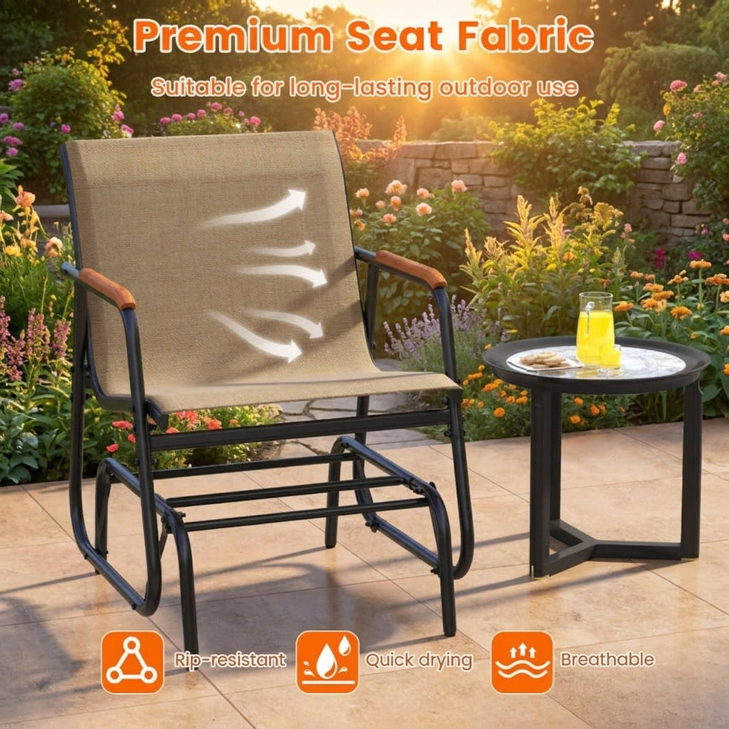 Biotree Patio Glider Chair Set of 2 with Curved Teak Armrests and Breathable Fabric Seat Stackable Patio Chair for Garden BackyardBrown