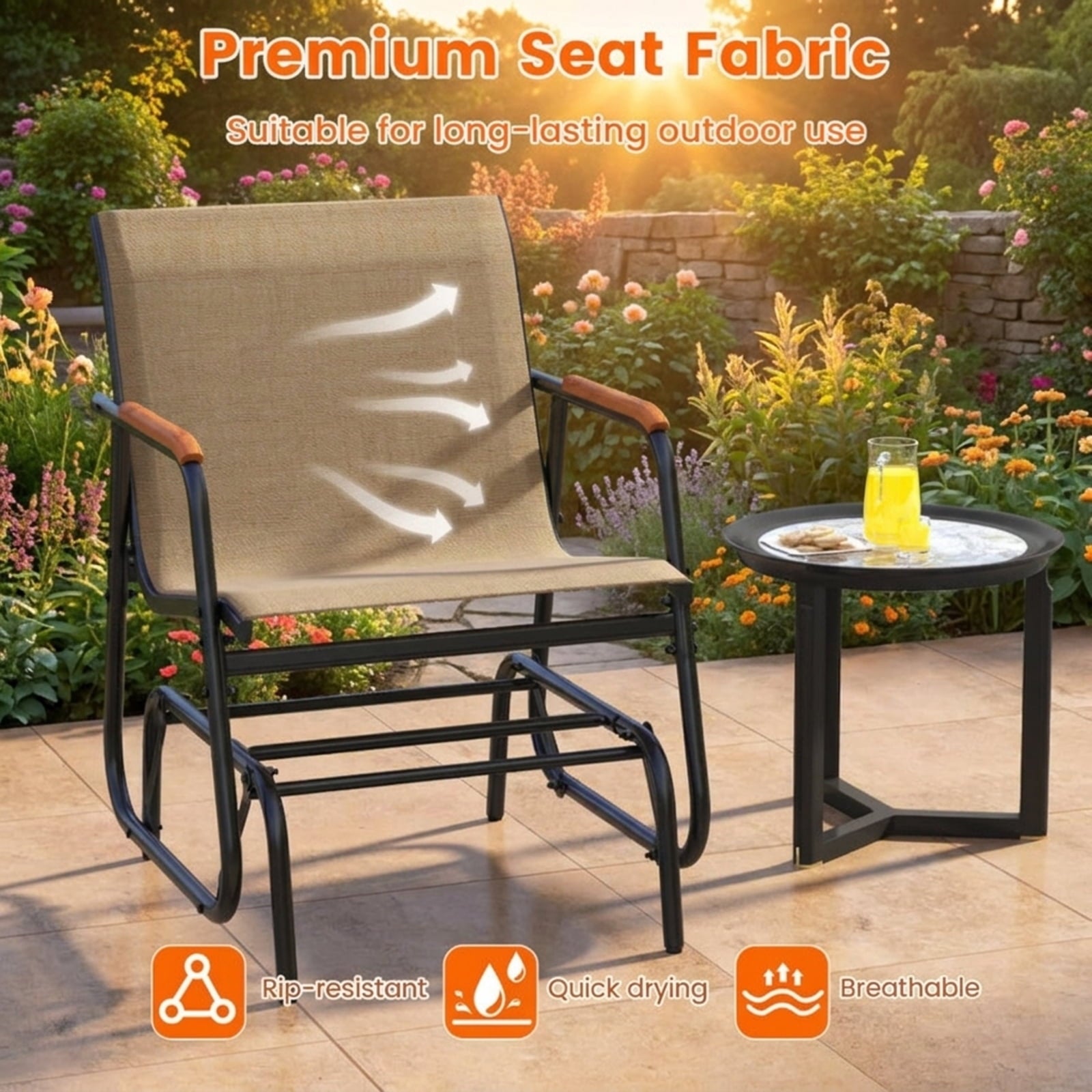 Biotree Patio Glider Chair Set of 2 with Curved Teak Armrests and Breathable Fabric Seat Stackable Patio Chair for Garden BackyardBrown