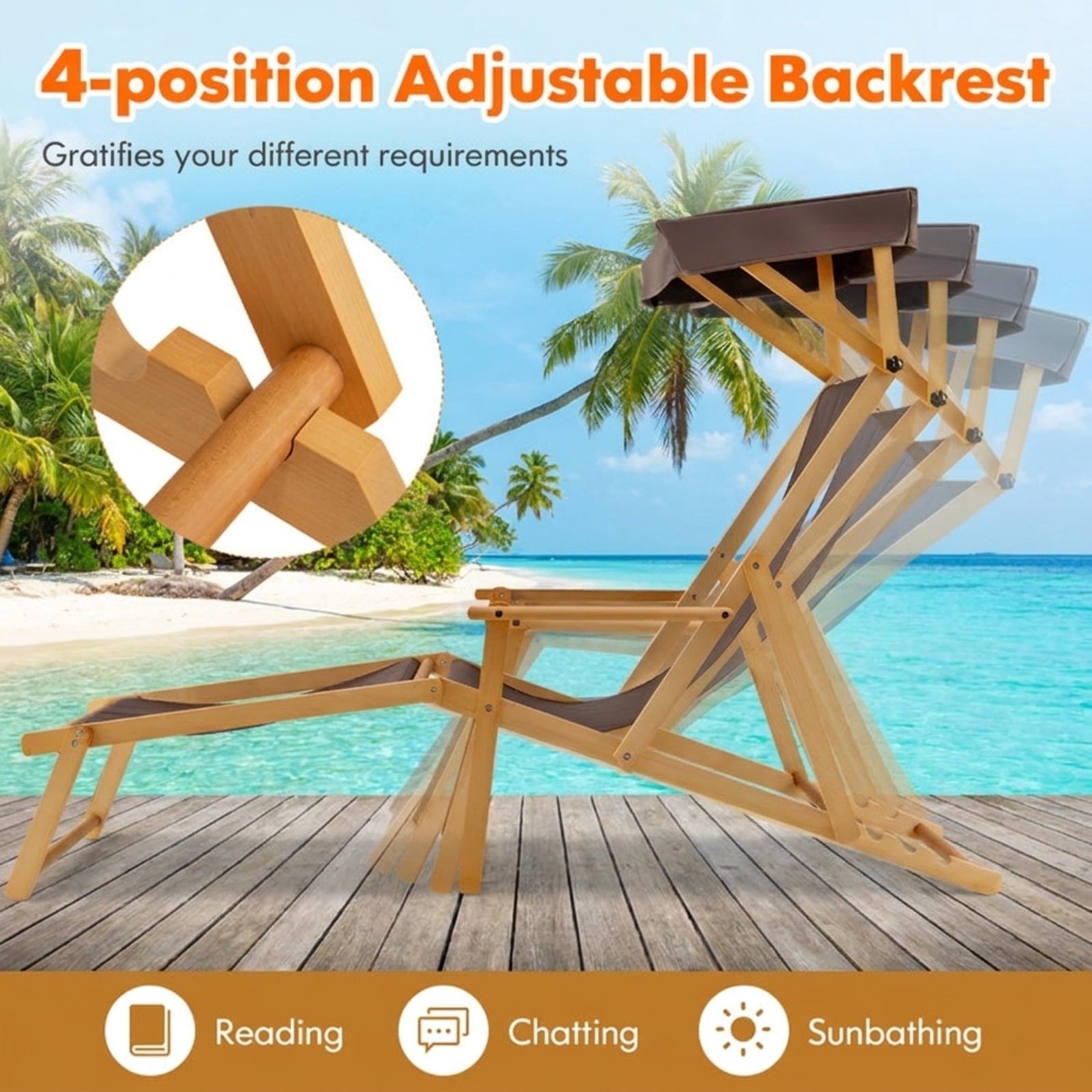 Biotree Birch Wood Chaise Lounge Chair Foldable Beach Chair with Adjustable Canopy Stackable Patio Chair for Garden BackyardBrown