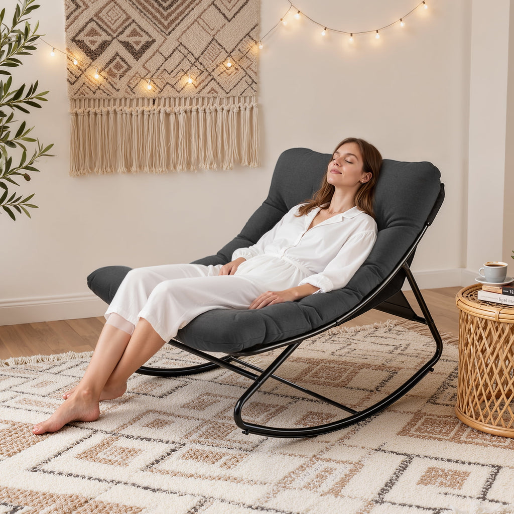 Biotree Oversized Outdoor Rocking Chair,Patio Rocker with Thick Cushion, Weather Resistant Mesh Rocking Chair for Porch, Backyard, Garden,Steel Frame,Black