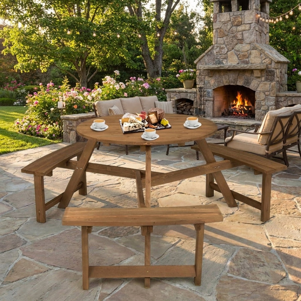 Biotree 65-Inch 6-person Round Wooden Picnic Table with Umbrella Hole and 3 Built-in Benches, Tan