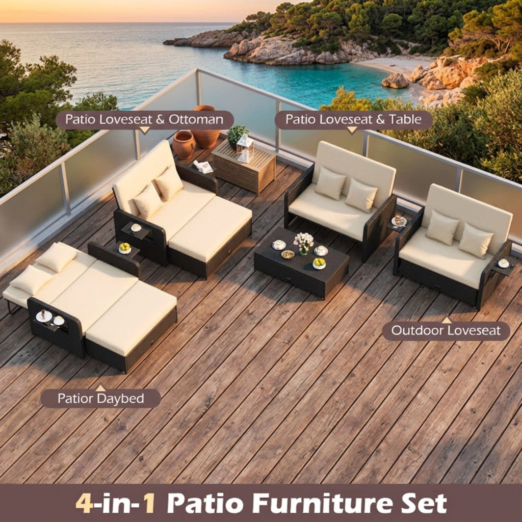 Biotree PE Wicker Outdoor Daybed with 4-Level Adjustable Backrest and Storage Ottoman Outdoor Conversation Set for Garden Backyard PorchWhite