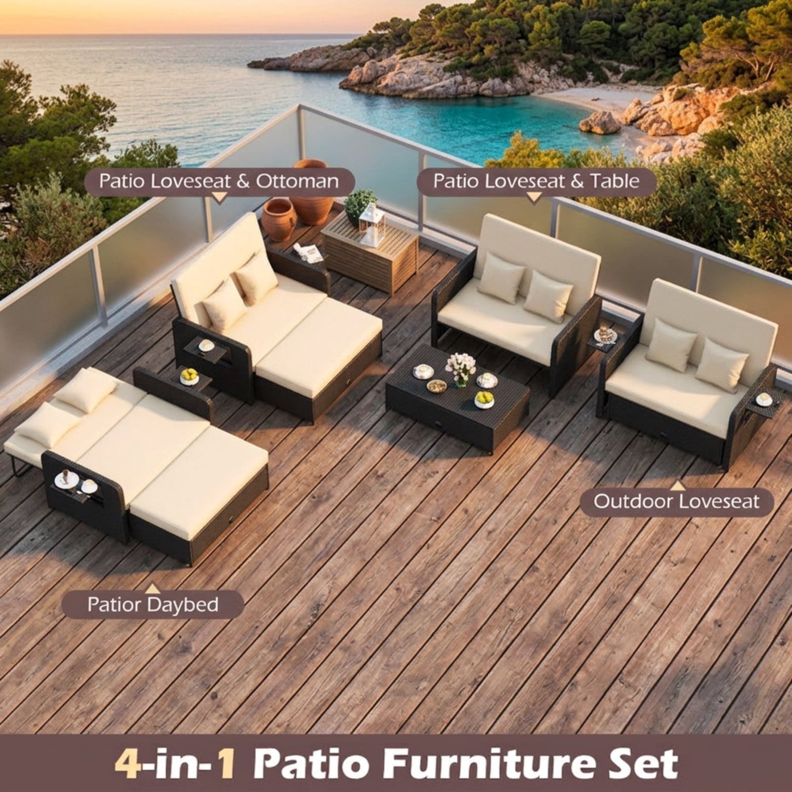 Biotree PE Wicker Outdoor Daybed with 4-Level Adjustable Backrest and Storage Ottoman Outdoor Conversation Set for Garden Backyard PorchWhite