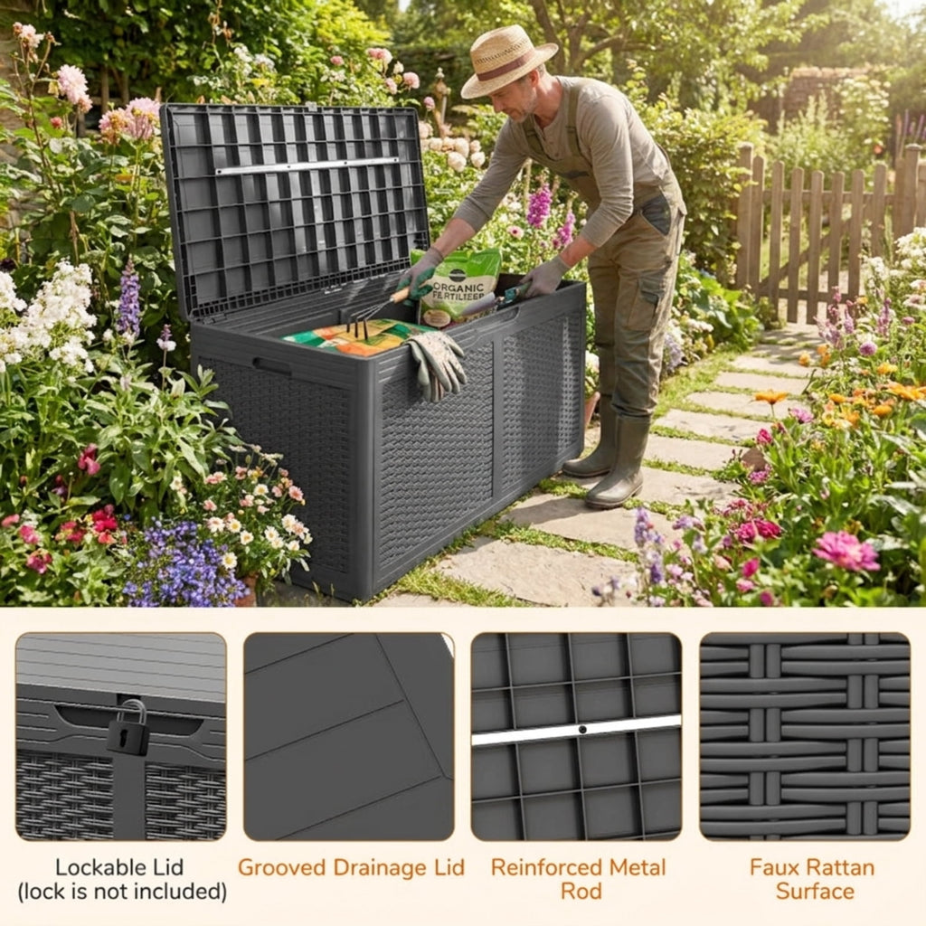 Biotree 100 Gallon Resin Deck Box Outdoor Waterproof Storage Bench Outdoor Waterproof for Patio Deck Garden Cushions, Gray