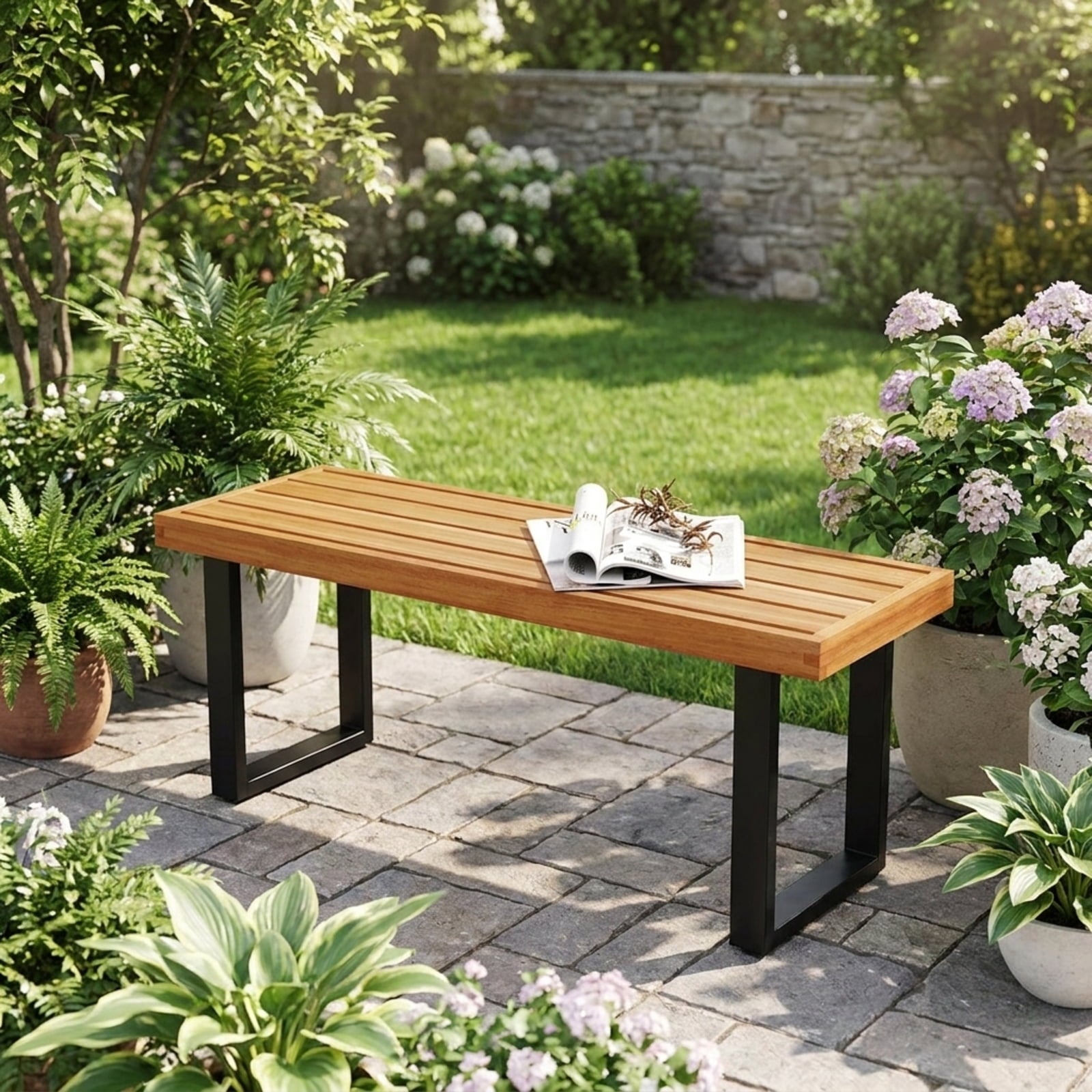 Biotree Acacia Wood Outdoor Bench 48 Inch Long Patio Dining Bench-1 Piece Stackable Patio Chair for Garden BackyardNatural+Black