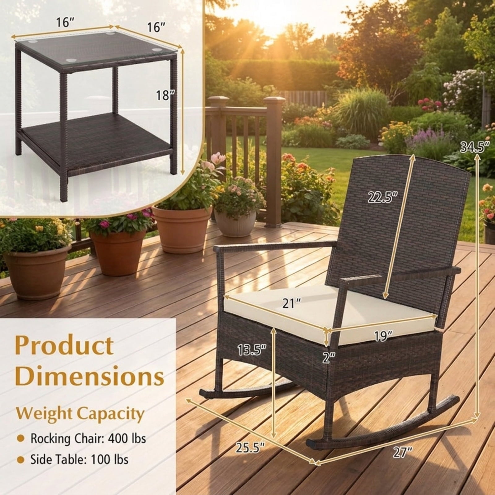 Biotree 3 Piece Patio Rocking Set Wicker Rocking Chairs with 2-Tier Coffee Table Outdoor Conversation Set for Garden Backyard PorchOff White