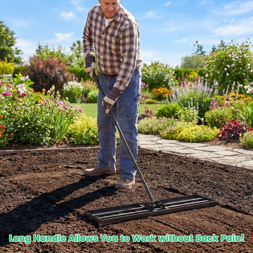 Biotree 42 x 10 Inch Lawn Leveling Rake with Ergonomic Handle for Lawn Garden Yard Soil Care, Black