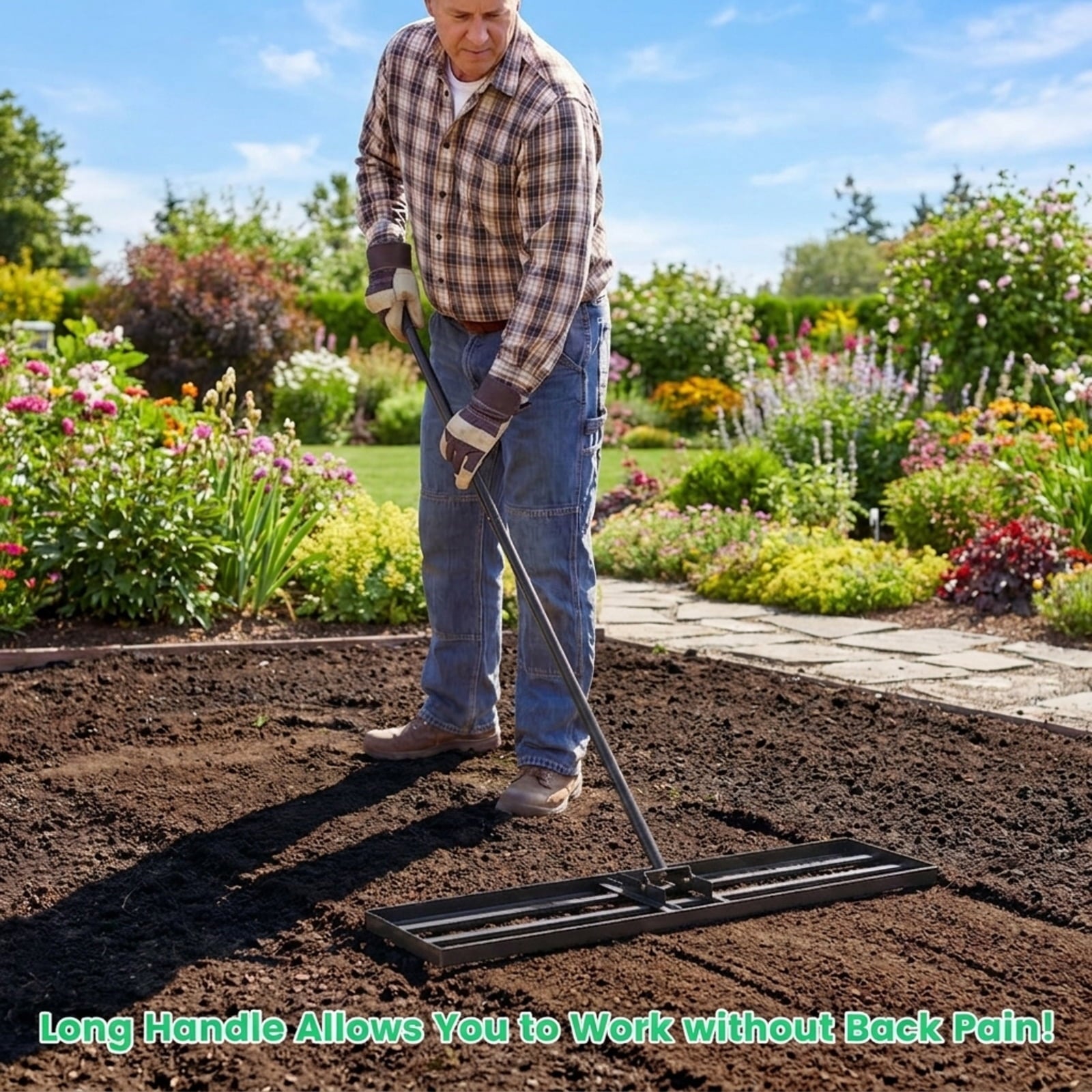 Biotree 42 x 10 Inch Lawn Leveling Rake with Ergonomic Handle for Lawn Garden Yard Soil Care, Black