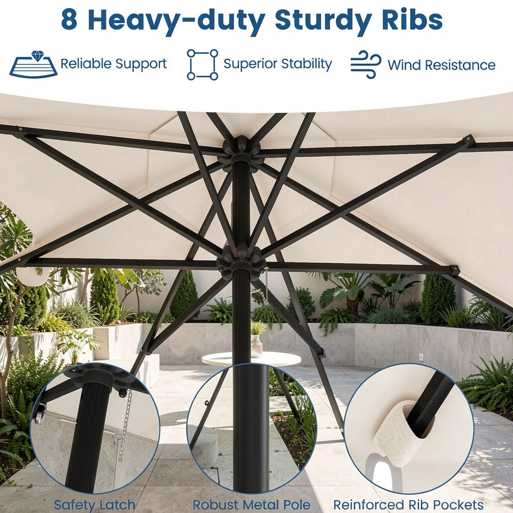 Biotree 9.3 Feet Solar Patio Umbrella with 24 LED Lights Vented Top and Ruffles-Beige Outdoor Backyard
