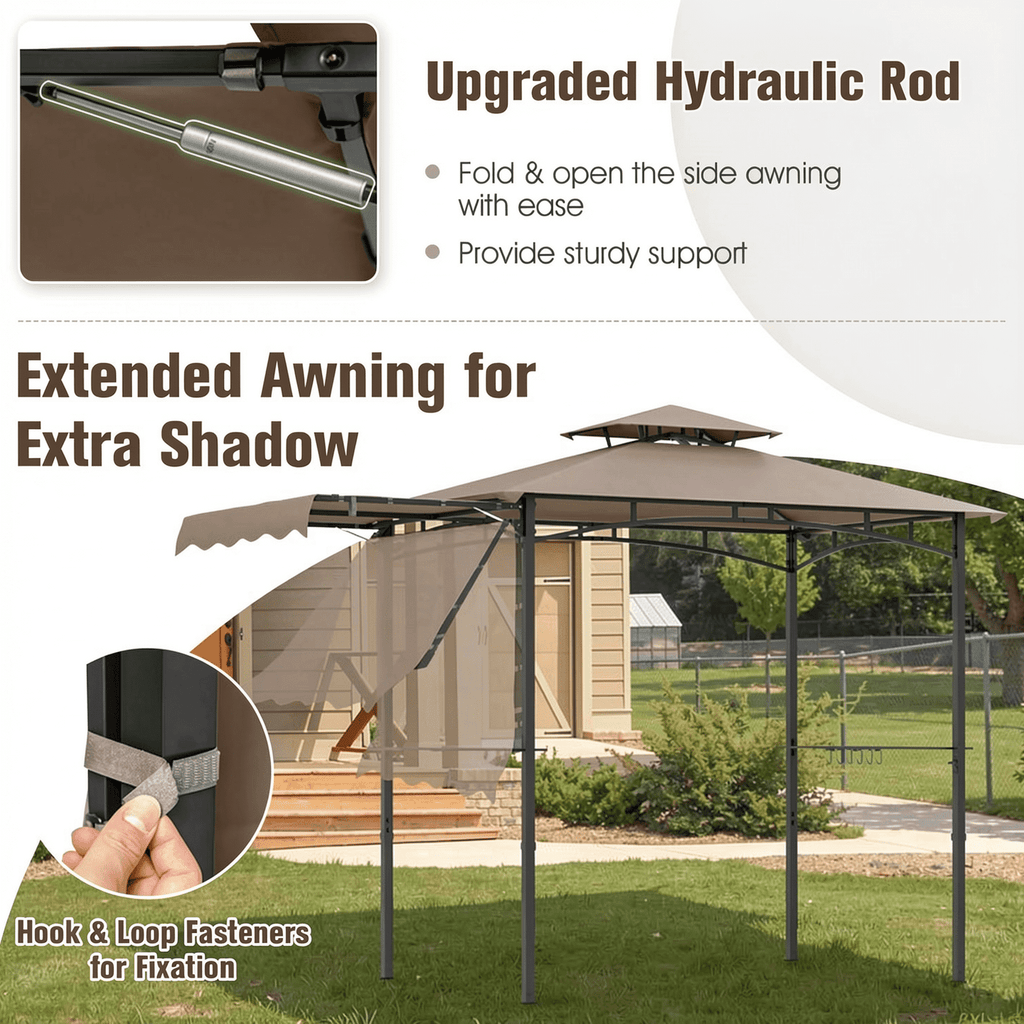 Biotree 11 x 5 FT Grill Gazebo with Side Awning and Double-Tiered Top Brown - Outdoor Patio Backyard Garden Shade Canopy Shelter