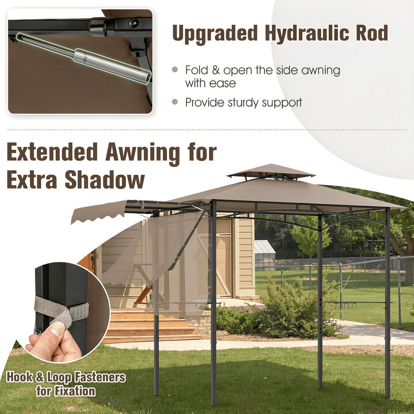 Biotree 11 x 5 FT Grill Gazebo with Side Awning and Double-Tiered Top Brown - Outdoor Patio Backyard Garden Shade Canopy Shelter