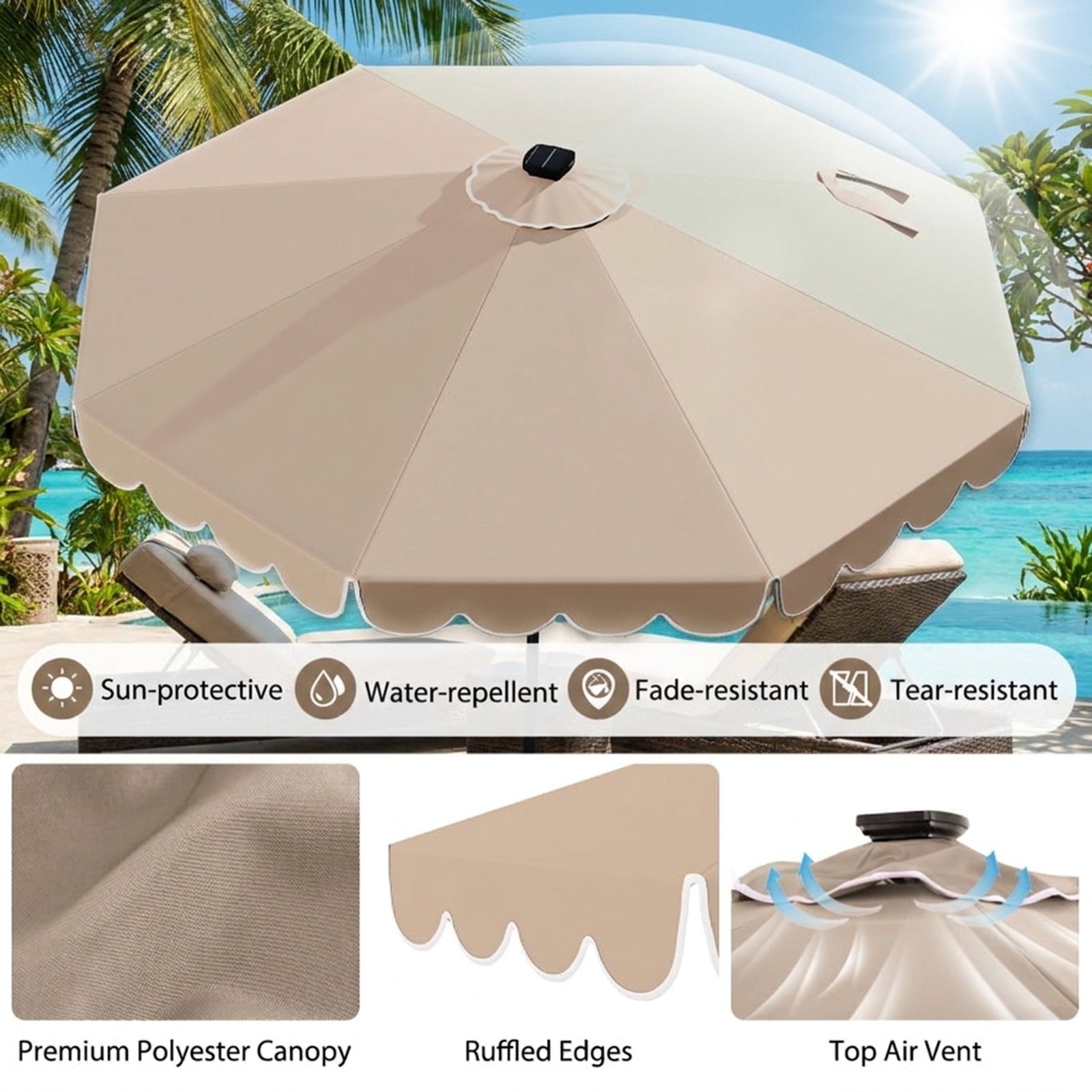 Biotree 10 ft Market Patio Umbrella with Crank and Tilt, 8 Sturdy Ribs, Vented Canopy - Beige for Backyard
