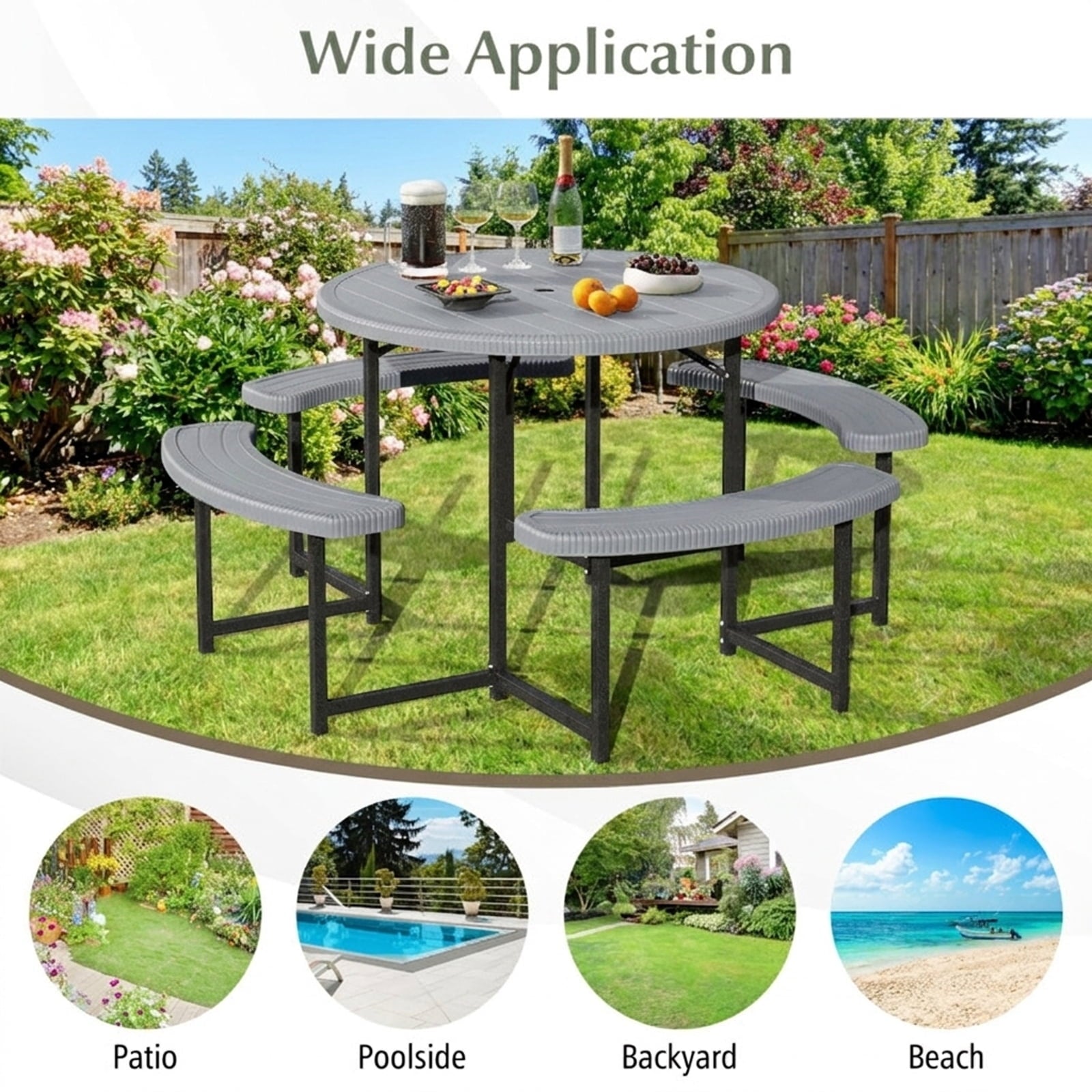 Biotree 62-Inch Round Picnic Table Bench Set with 4 Benches and Umbrella Hole for Patio Lawn, Gray