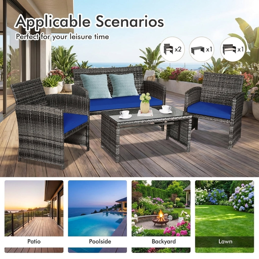 Biotree 4-Piece Patio Rattan Furniture Set with Glass Table-Navy