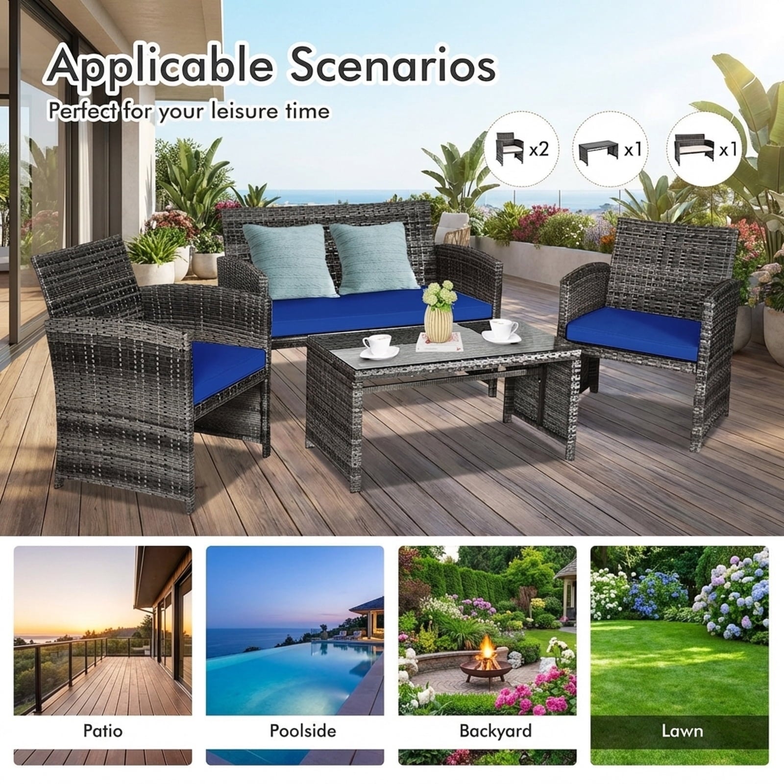 Biotree 4-Piece Patio Rattan Furniture Set with Glass Table-Navy