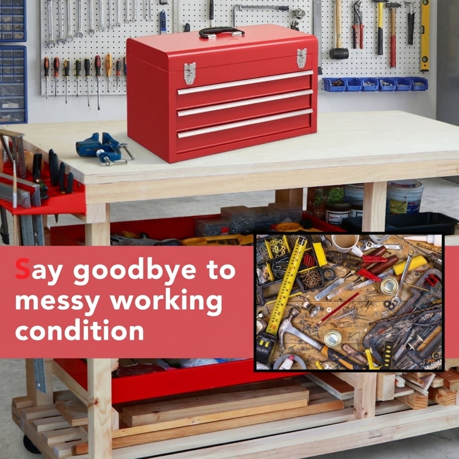 Biotree Portable Garage Mechanic Tool Cabinet Box with 3 Drawers Outdoor Waterproof for Patio Deck Garden Cushions, Red