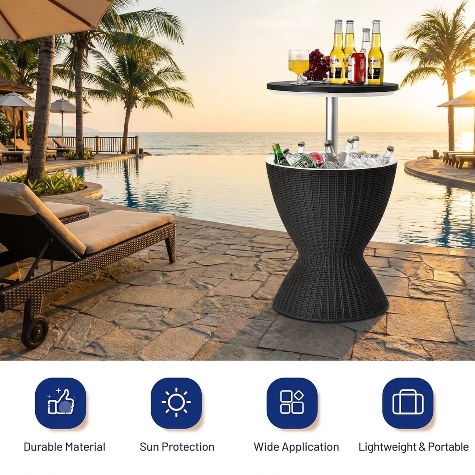 Biotree 3 in 1 8 Gallon Patio Rattan Cooler Bar Table with Adjust Ice Bucket-Black Outdoor Party Entertainment
