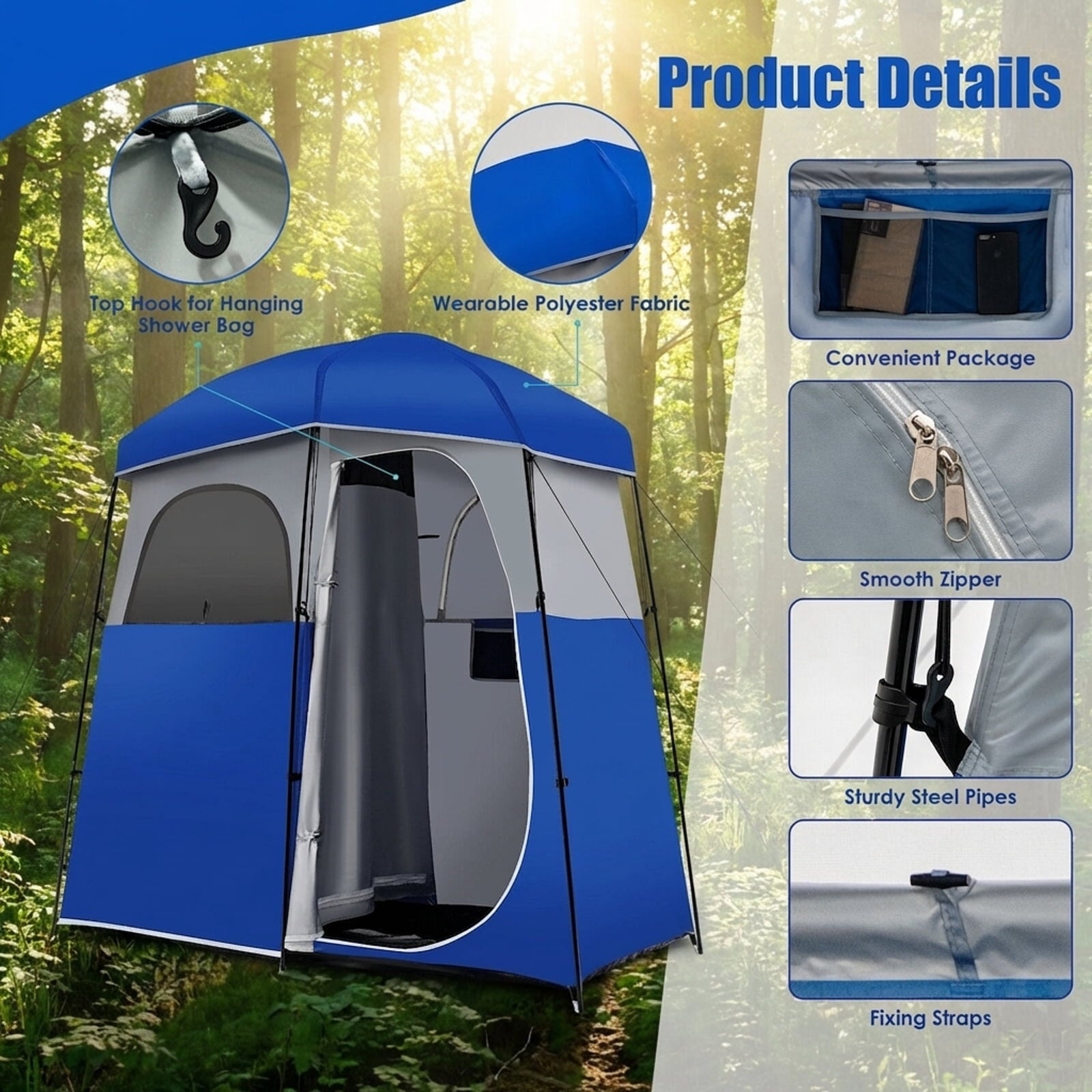 Biotree Double Room Camping Toilet Tent with Floor and Portable Storage Bag, Blue