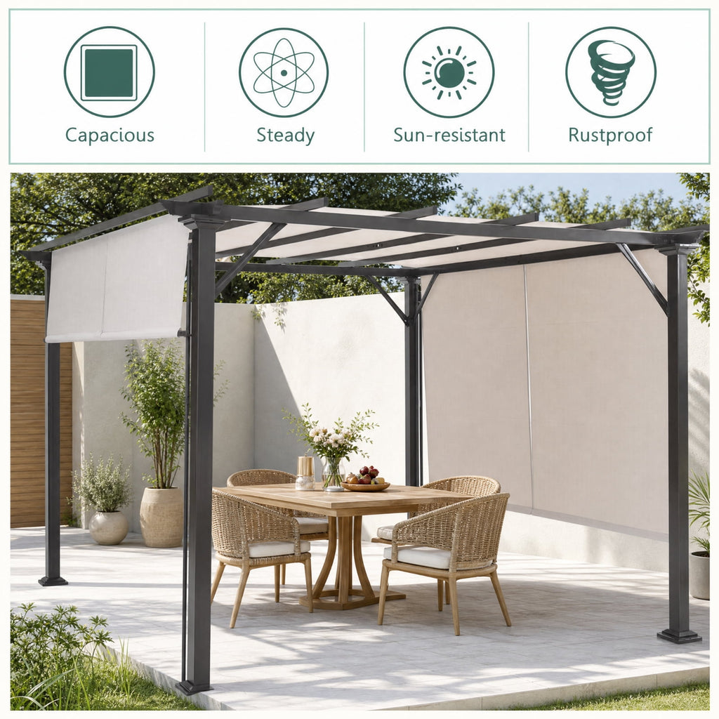 Biotree 10 x 10 Ft Outdoor Pergola Gazebo with Dual Retractable Canopy, Powder-Coated Steel Patio Shelter for Backyard and Poolside, Beige