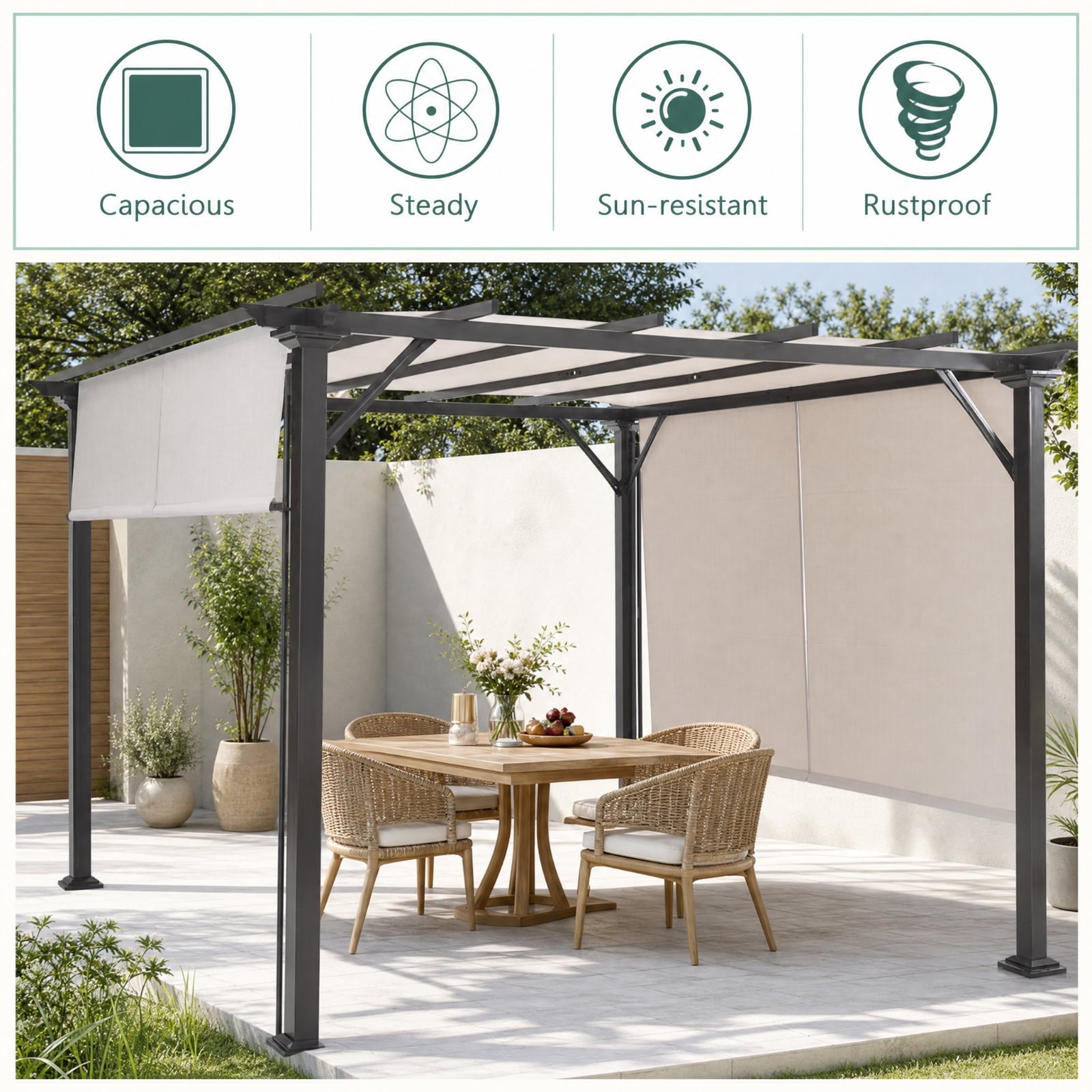 Biotree 10 x 10 Ft Outdoor Pergola Gazebo with Dual Retractable Canopy, Powder-Coated Steel Patio Shelter for Backyard and Poolside, Beige