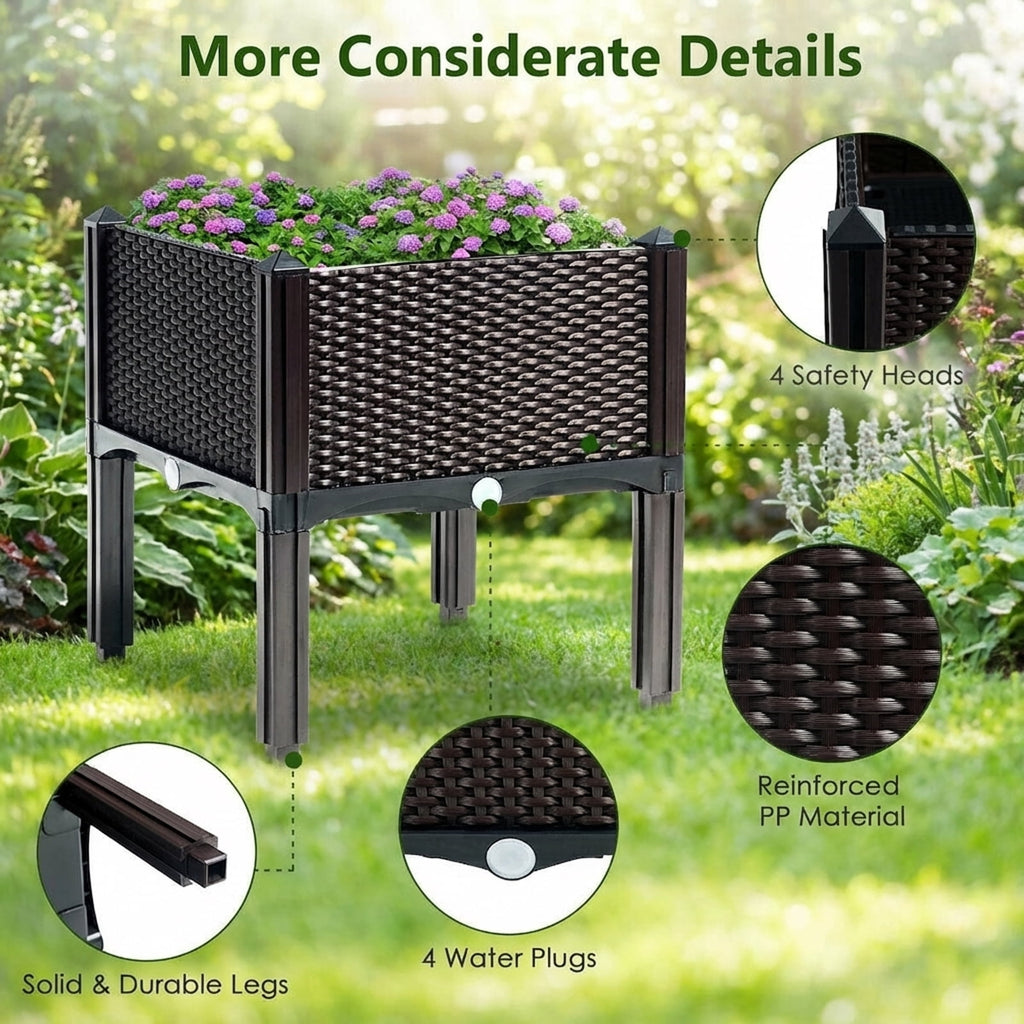 Biotree Set of 4 Elevated Flower Vegetable Herb Grow Planter Box-Brown Outdoor Herbs Vegetables Flowers