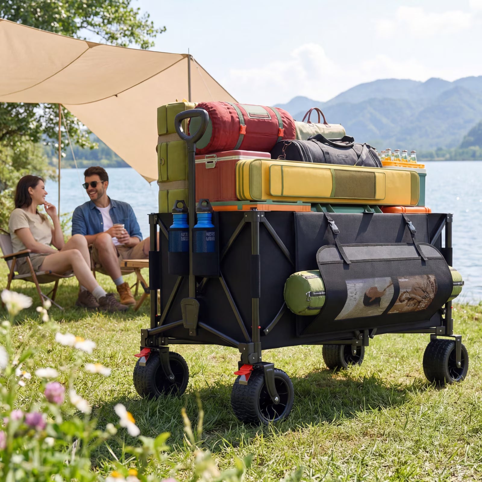 Biotree Collapsible Wagon Cart with Brakes, 300L 600Lbs Heavy Duty Folding Beach Wagon,All Terrain Utility Wagon for Camping Sports Garden Grocery, Black