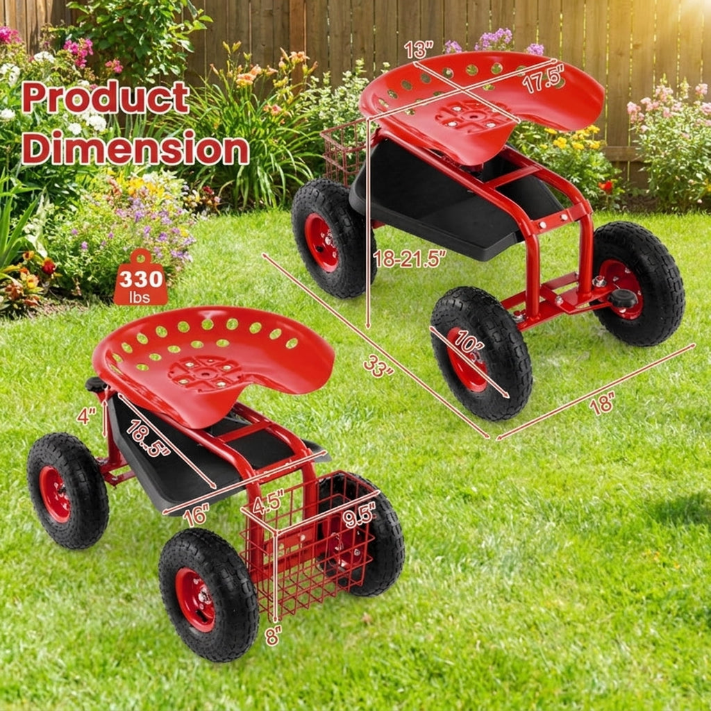 Biotree 4-Wheel Rolling Garden Cart Work Seat for Garden Yard Lawn Work Outdoor, Red
