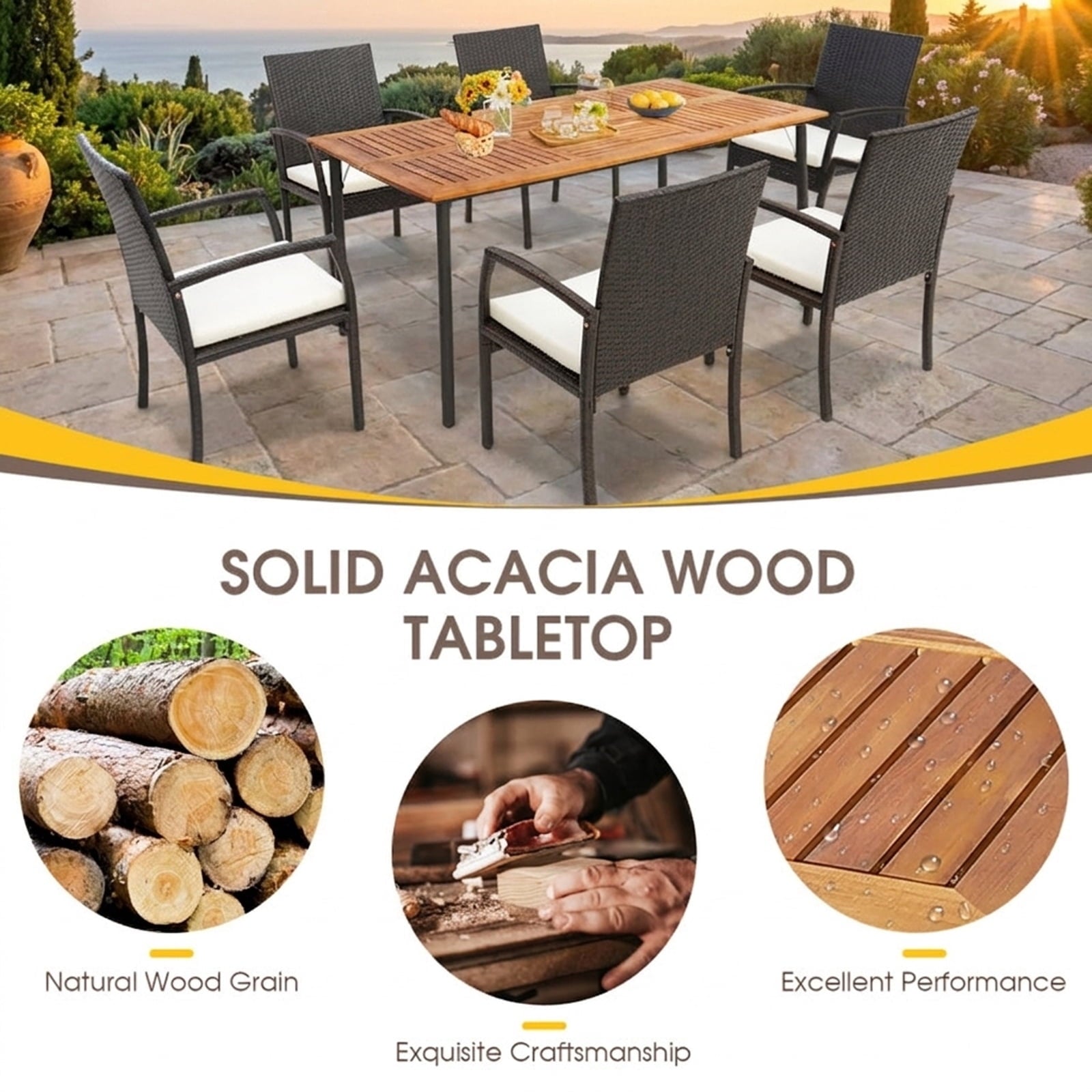 Biotree 63-Inch Patio Acacia Wood Dining Table with Umbrella Hole and Metal Legs, Black
