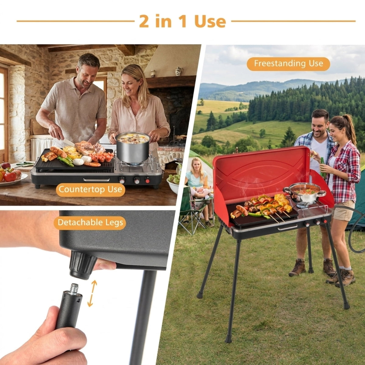 Biotree 2-in-1 Portable Gas Camping Grill and Stove, 20,000 BTU Propane Tabletop BBQ Grill, Foldable Camp Stove with Detachable Legs for Camping Picnic Backyard Red
