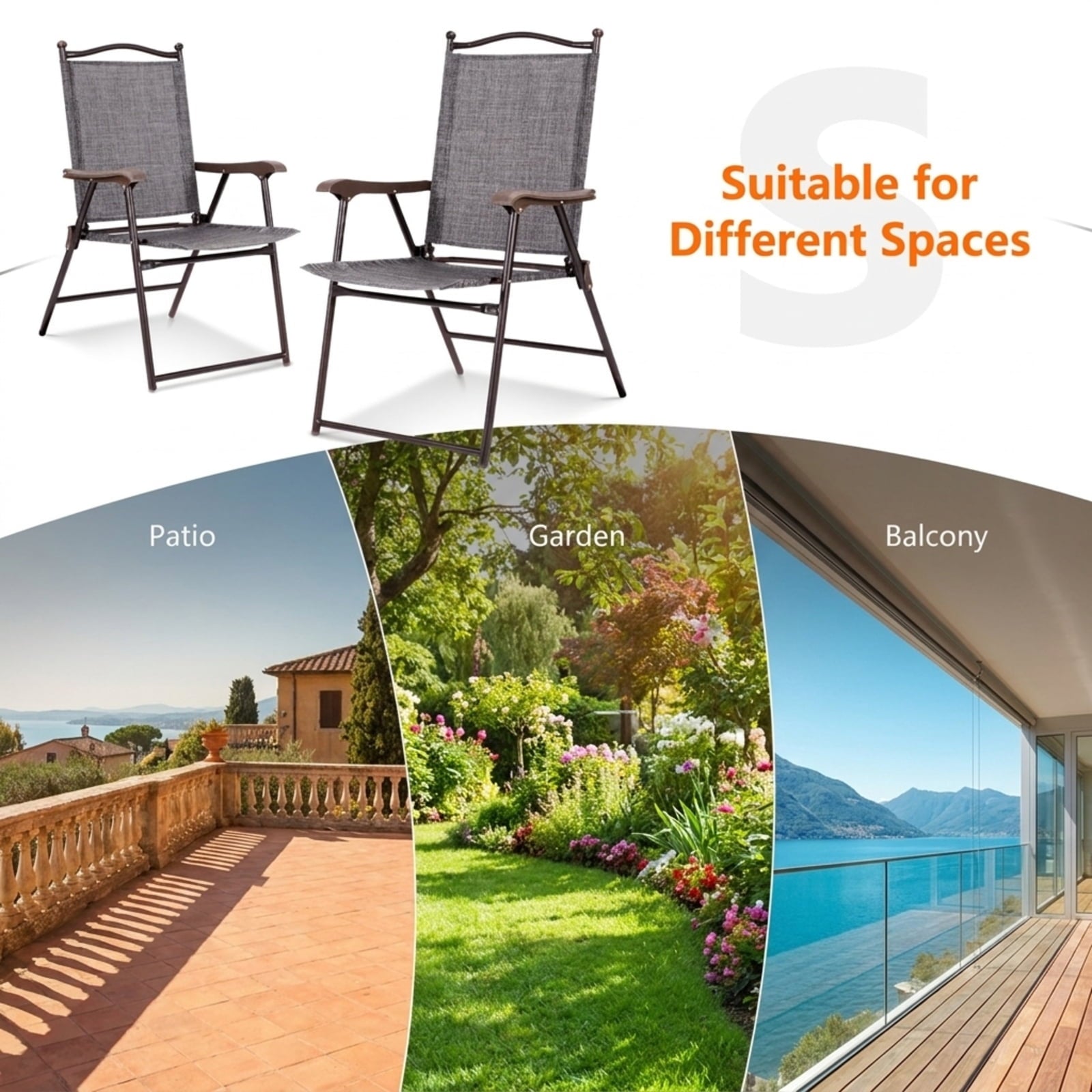 Biotree Set of 2 Patio Folding Sling Back Camping Deck Chairs Stackable Patio Chair for Garden BackyardGray