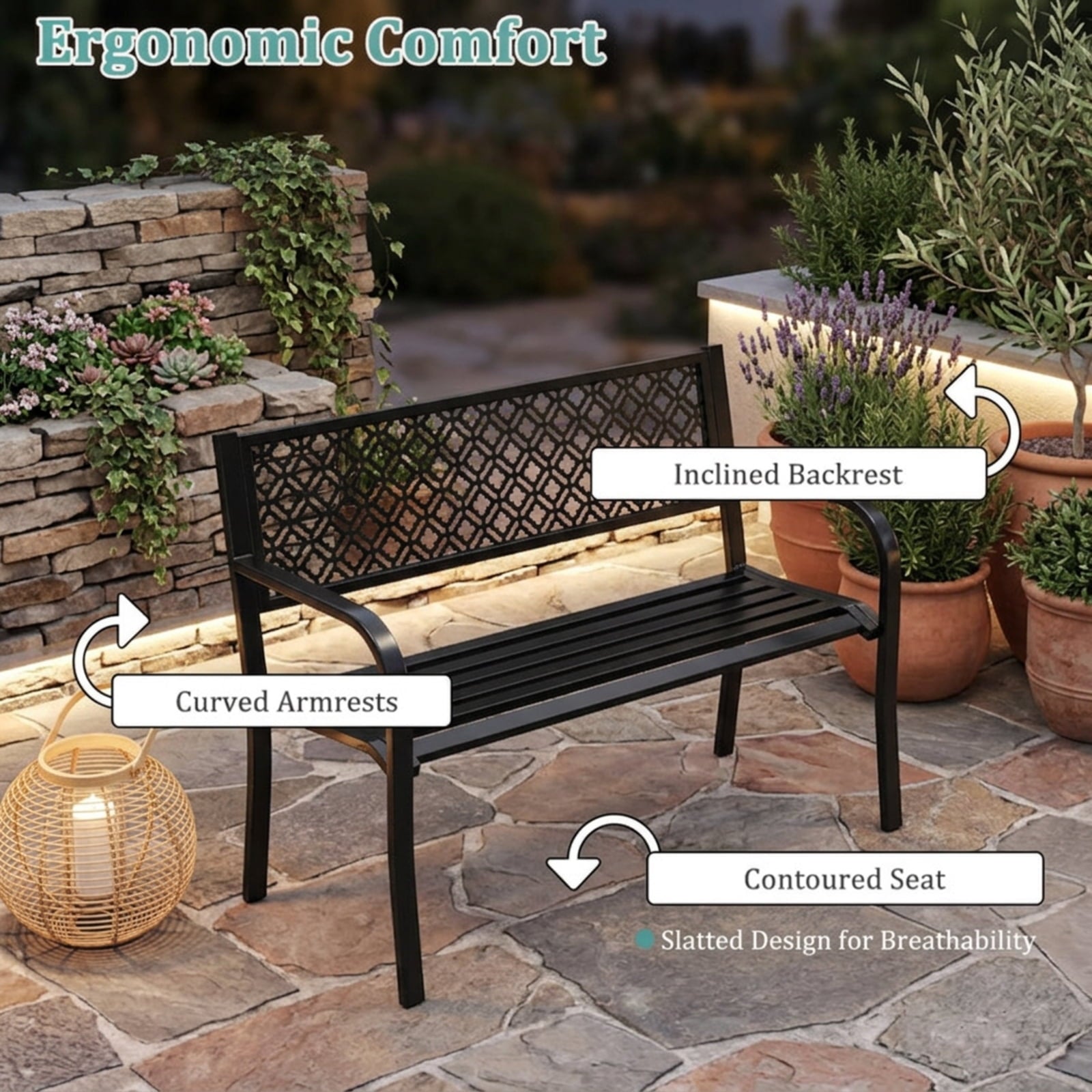 Biotree 50 Inches Outdoor Garden Bench with Geometric Lattice Backrest and Slatted Seat Stackable Patio Chair for Garden BackyardBlack