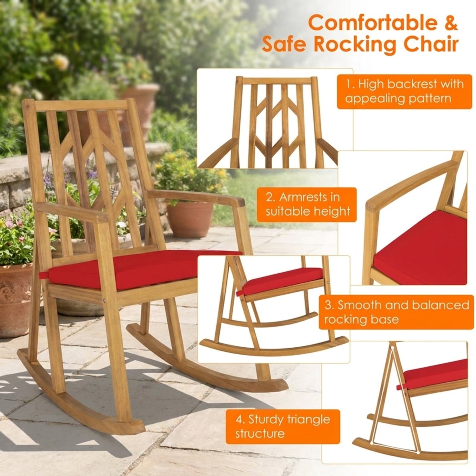 Biotree Patio Acacia Wood Rocking Chair Sofa with Armrest and Cushion for Garden and Deck Stackable Patio Chair for Garden BackyardRed