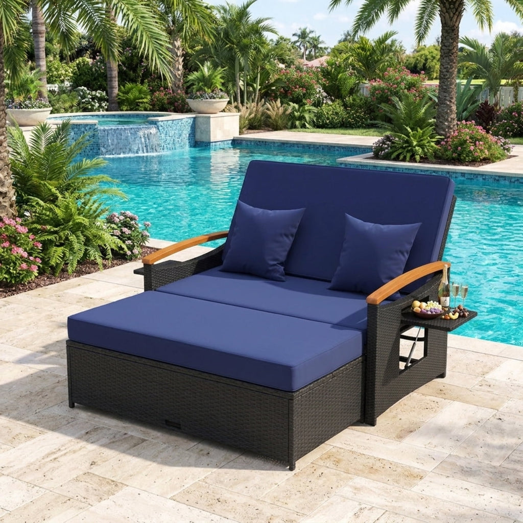 Biotree Outdoor Wicker Daybed with Folding Panels and Storage Ottoman Stackable Patio Chair for Garden BackyardDark Blue