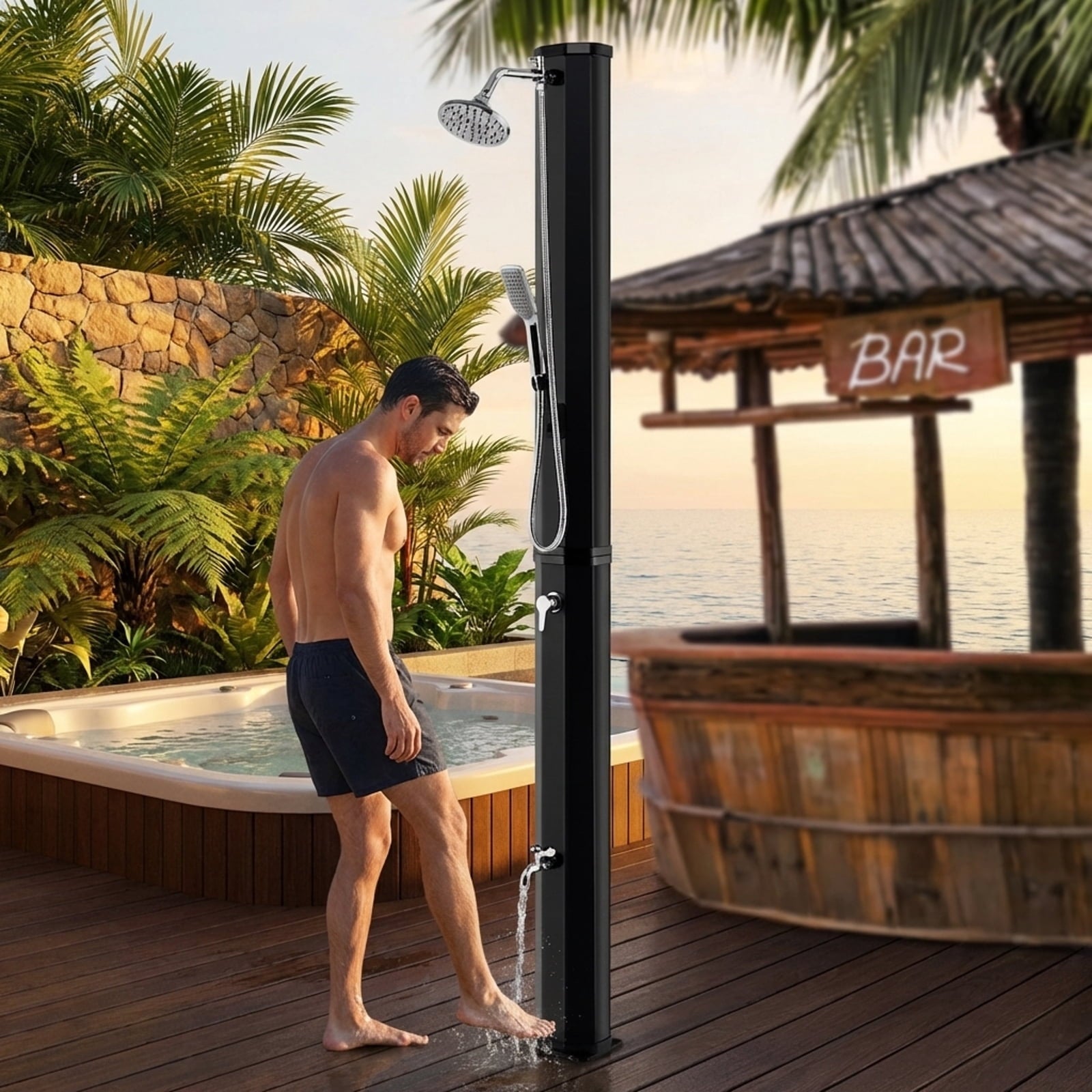 Biotree 7.2 Feet 9.3 Gallon Solar Heated Outdoor Shower with Hand and Foot Tap Portable Camping Solar Shower, Black