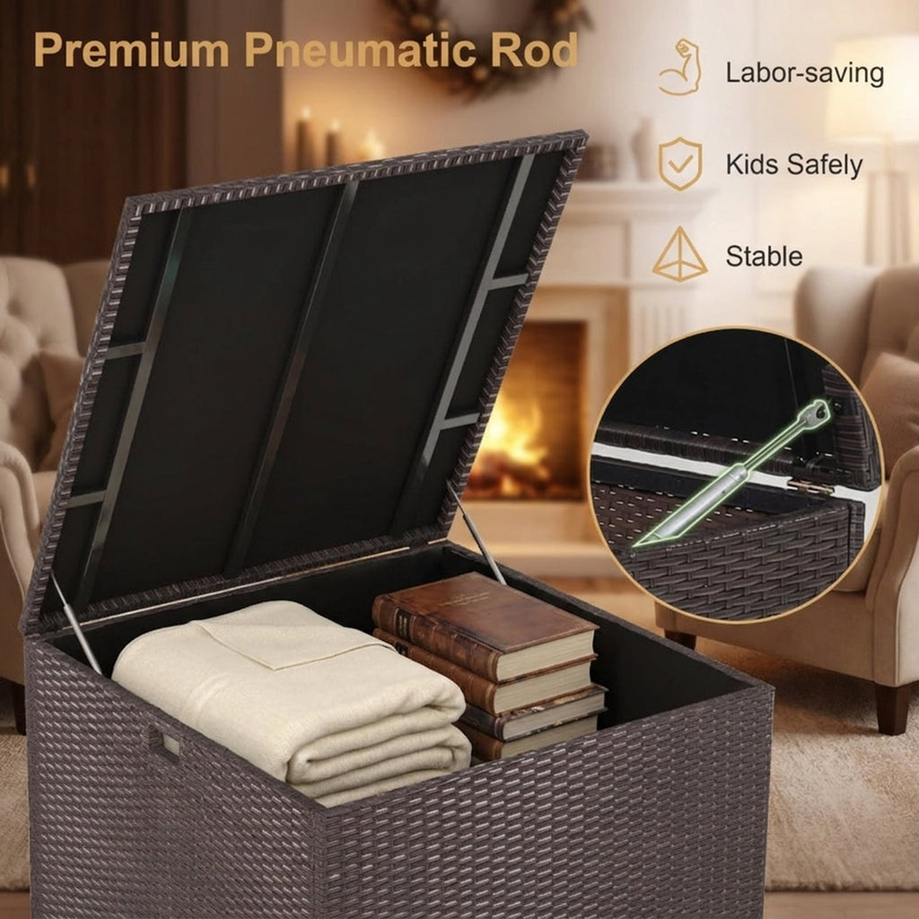 Biotree 72 Gallon Rattan Outdoor Storage Box with Zippered Liner and Solid Pneumatic Rod Outdoor Waterproof for Patio Deck Garden Cushions, Brown