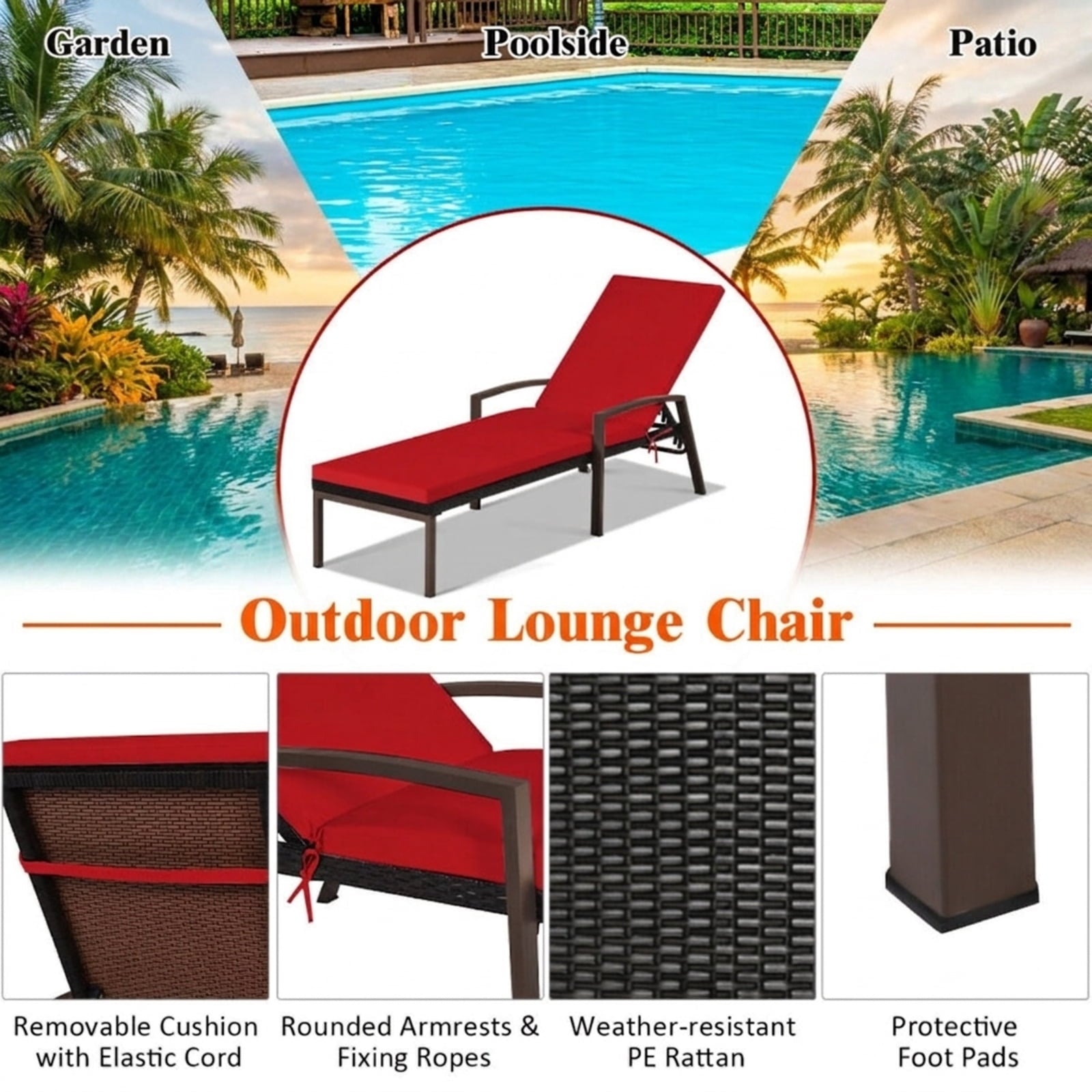 Biotree Patio Rattan Lounge Chaise Recliner with Back Adjustable Cushioned Stackable Patio Chair for Garden BackyardRed