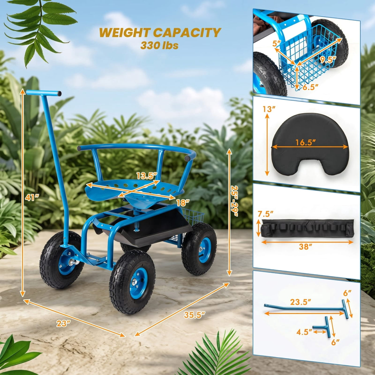 Biotree 330Lbs Rolling Garden Cart with 360¡ã Height Adjustable Swivel Seat, Garden Scooter with Storage Basket, Tool Tray for Weeding Planting Gardening Blue