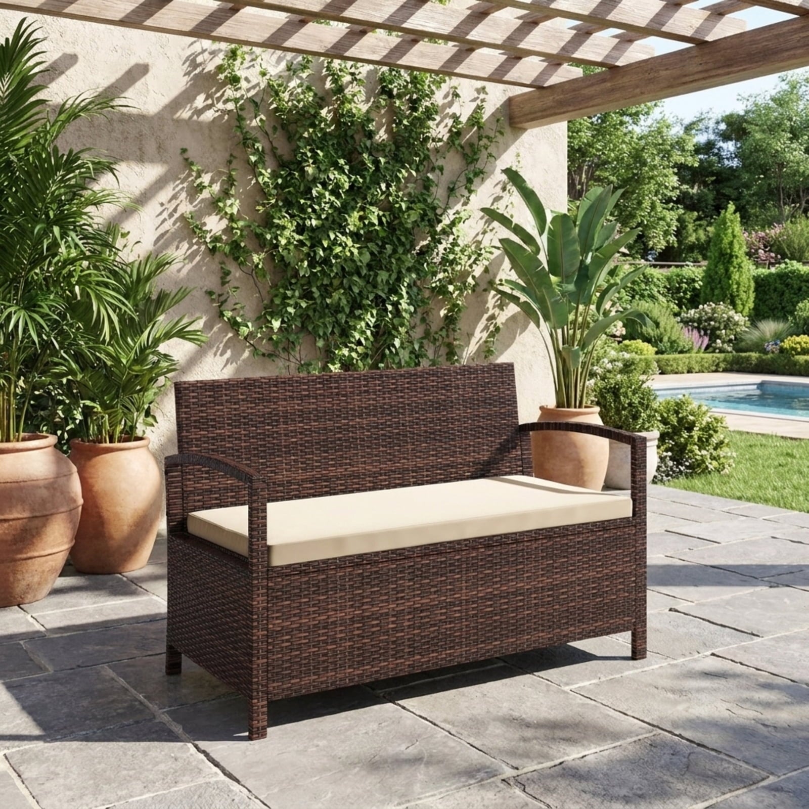 Biotree Outdoor PE Wicker Storage Bench 2 Seater with Cushion and 42 Gallon Deck Box Stackable Patio Chair for Garden BackyardBeige
