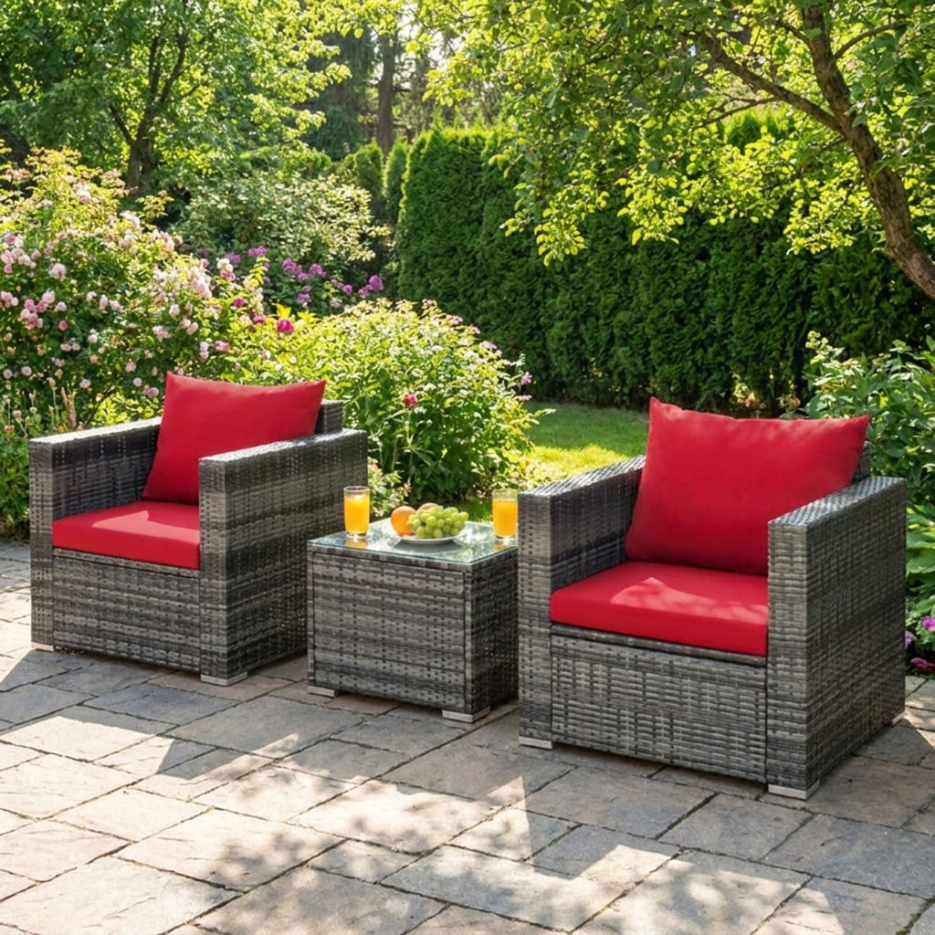 Biotree 3 Pcs Patio Rattan Furniture Bistro Sofa Set with Cushioned Outdoor Conversation Set for Garden Backyard PorchRed
