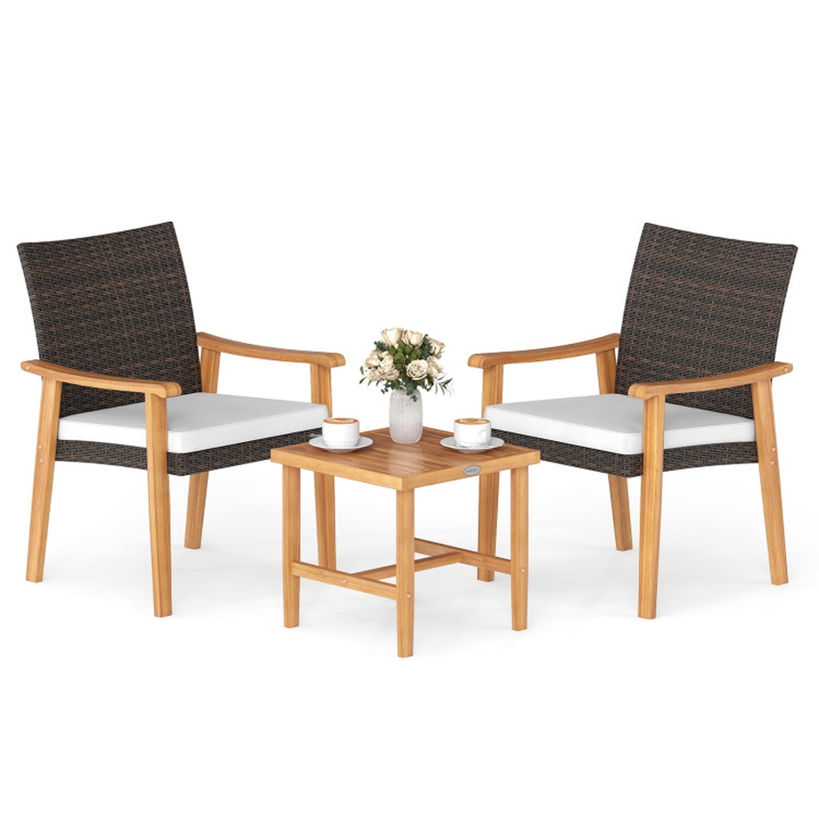 Biotree 3 Pieces Patio PE Wicker Furniture Set Acacia Wood Outdoor Conversation Bistro Set Outdoor Conversation Set for Garden Backyard PorchWhite
